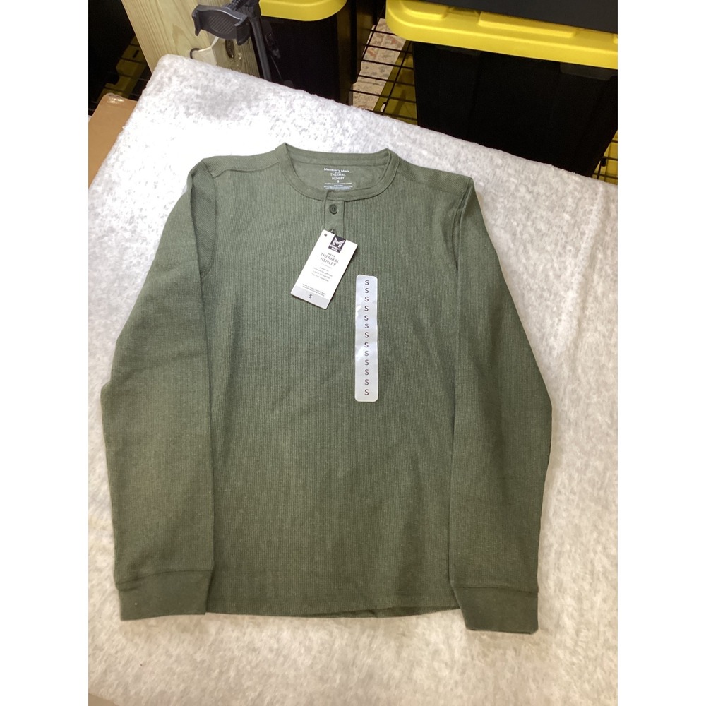 Members Mark Mens Thermal Henley Shirt Olive Green Waffle Knit Long Sleeve Small
